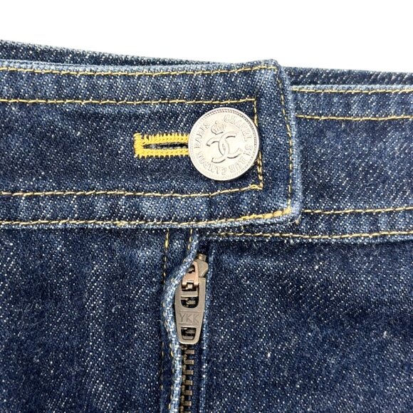 CHANEL Vintage 96P CC Mark Logo Denim Skirt #36 Dark Blue Yellow Cotton [106356] - Picture 11 of 13